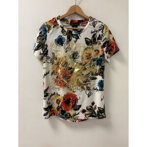 Baby Phat Top White With All Over Graphics Shredded Back Size Large Gold Logo